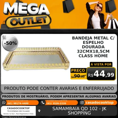 BANDEJA METAL C/ ESPELHO DOURADA 32CMX18,5CM CLASS HOME 1319