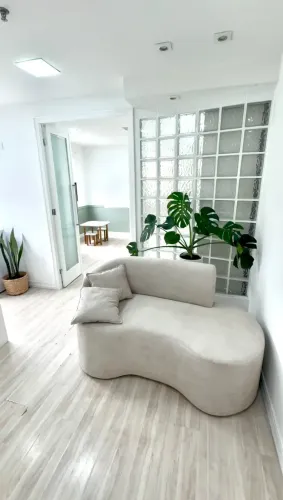 sofá orgânico bouclé com almofada
