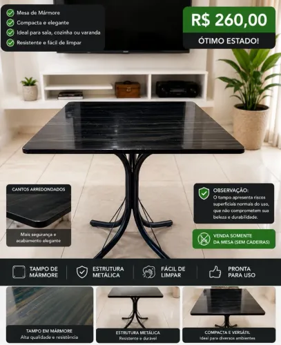 Mesa de Mármore Preta Compacta - Estrutura Metálica - Sem Cadeiras