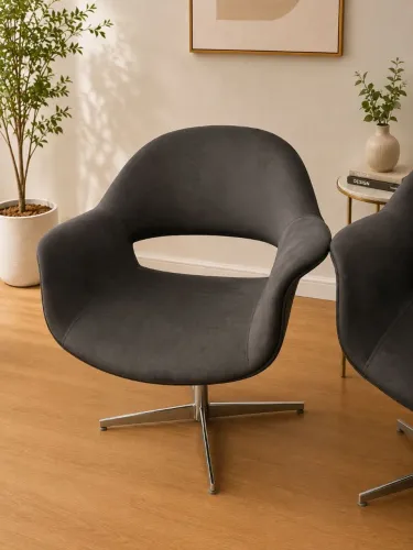 PAR DE POLTRONAS GIRATÓRIAS DECORATIVAS EM TECIDO CINZA ESCURO - DESIGN MODERNO E ELEGANTE