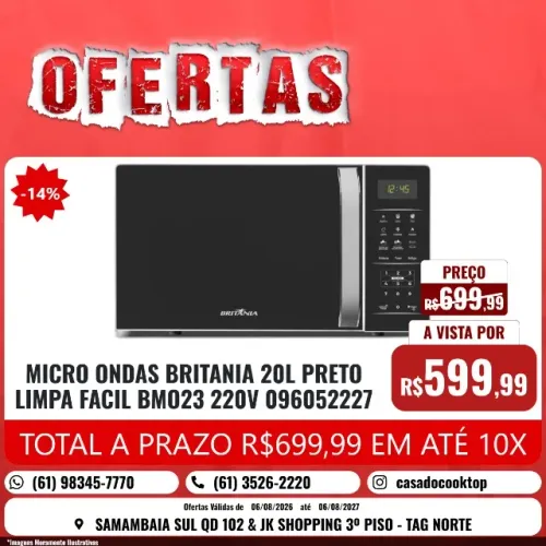 MICRO ONDAS BRITANIA 20L PRETO LIMPA FACIL BMO23 220V