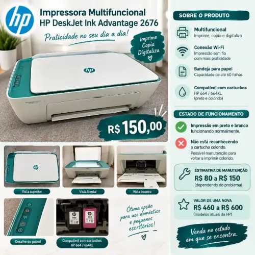 Impressora HP 2676 Multifuncional Wi-Fi - Para Manutenção - R$150
