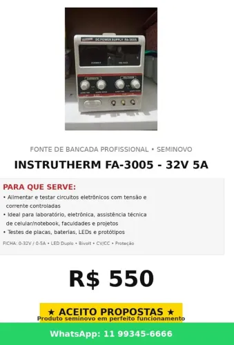 FONTE DE BANCADA INSTRUTHERM FA-3005 <br>SEMINOVA