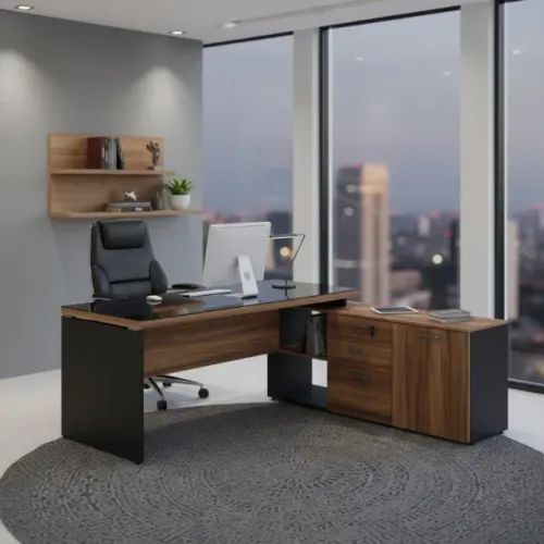 Mesa Executiva Diretor Com Vidro E Aparador Design Premium Nogal 21428