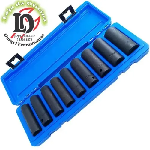 Jogo de soquete de impacto longo c/ 9 pcs enc 1/2 tam 10, 12, 13, 15, 16, 17, 18, 19 e 22m