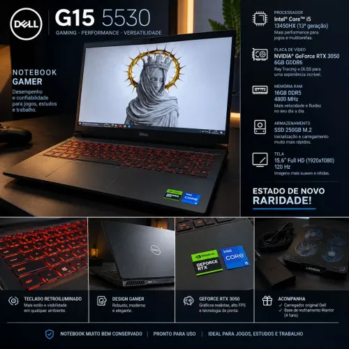 Notebook Gamer Dell G15 5530 - IMPECÁVEL - RTX 3050 6GB - i5 13° - 16GB DDR5 + Base 4 Fan