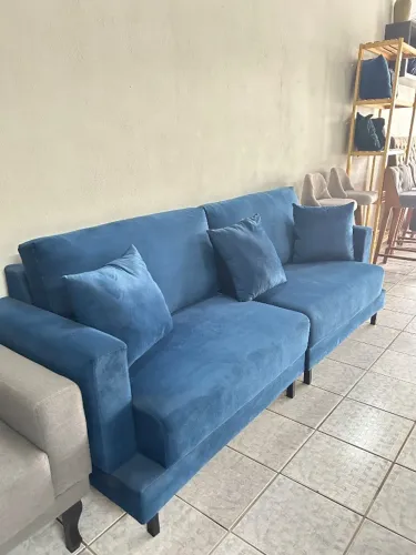 Sofá fixo veludo azul, 2,25m