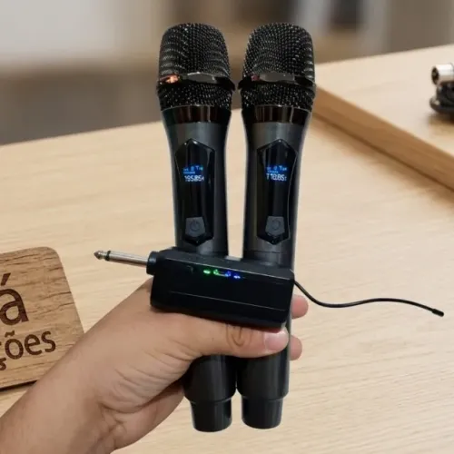 Microfone Sem Fio Duplo Preto Recarregavel Uhf
