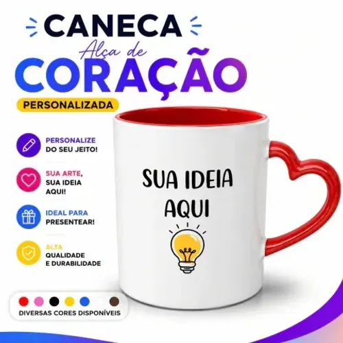 Caneca Personalizada Porcelana com Alça de Coração