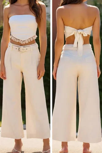 Conjunto Bege Cropped + Calça Bege M