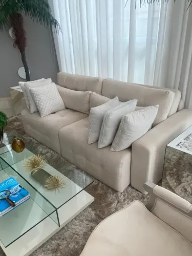 Sofá Retrátil 2,30m Suede Bege - 3 Lugares