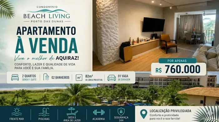 Apartamento à Venda no Beach Living | Resort Pé na Areia | Próximo ao Beach Park | R$ 760 