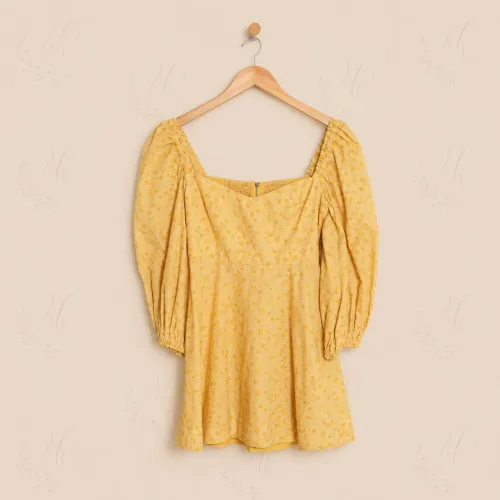 Vestido NV Nati Vozza Amarelo Floral Manga Bufante - Tam.P