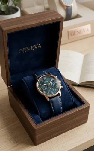 Relógio Masculino Cromado Geneva Quartzo Correia Azul Couro PU Elegante Luxo Moda