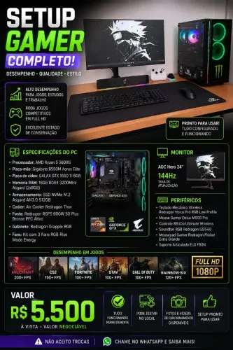 SETUP GAMER COMPLETO - RYZEN 5 5600G + GTX 1660 Ti + MONITOR 144Hz + PERIFÉRICOS