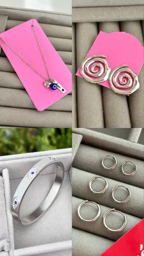 Kit 6 peças prata (Bracelete, Brinco, Trio de brincos e colar) aço hipoalergênico