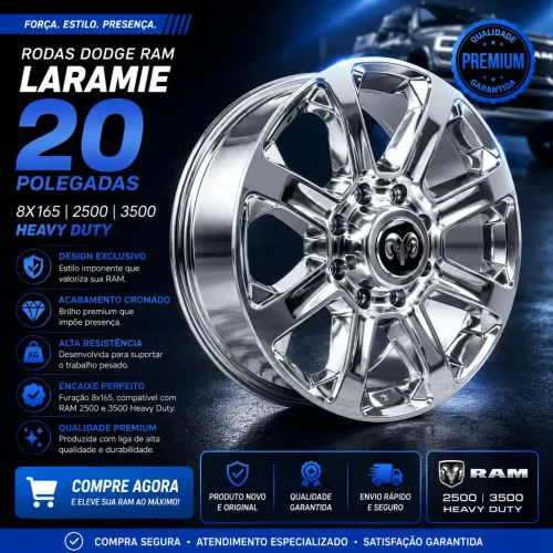 Rodas 20 Dodge Ram Laramie 8x165 2500 3500 Heavy Duty Cor Cromada RAW