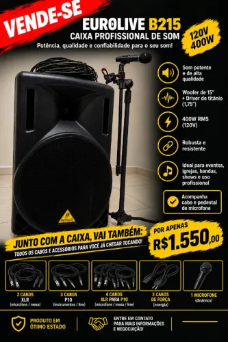 Caixa de Som Ativa Behringer Eurolive B215A 400W - Completa com Cabos e Microfone