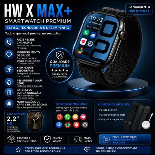 Relógio e Smartwatch HW X MAX+ HD Bluetooth Chamadas Esportivo