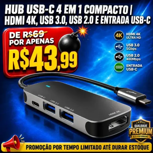 Hub USB-C 4 em 1 Compacto com HDMI 4K
