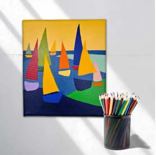 Quadro Decorativo Artesanal Estilizado  Com Barcos Pintado Manualmente