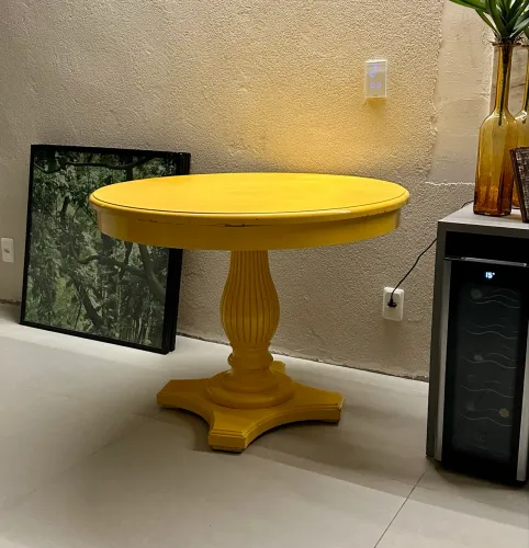 Mesa de Jantar Antique Redonda Base Torneada Madeira Maciça
