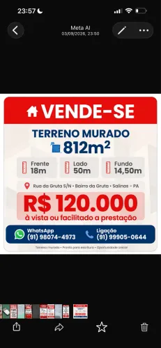 Terreno Murado 812m² - 18x50m - Rua da Gruta - Bairro da Gruta - Salinas PA - R$ 120 mil