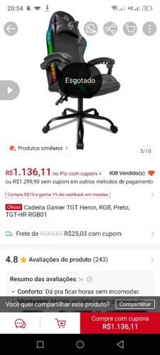 Cadeira gamer TGT Heron , RGB preto