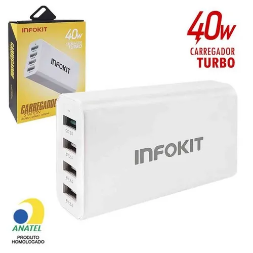 Carregador Turbo 4 Portas USB 40W QC2.0 Branco Infokit