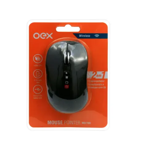 MOUSE SEM FIO USB 1200 DPI 2 EM 1 COM LASER E APRESENTADOR MULTIMIDIA OEX MS-700 PRETO