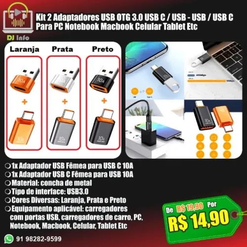 Kit 2 Adaptadores USB OTG 3.0 USB C/USB - USB/USB C Para PC Notebook Macbook Celular Etc