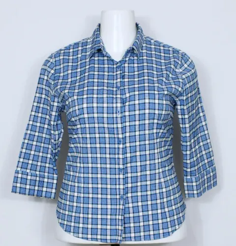 Camisa social alfaiataria feminina xadrez azul e branco Barred's - Veste G - 4207