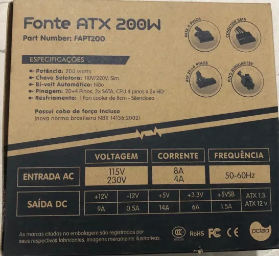 FONTE PC ATX 200w - NOVA sem cabo energia