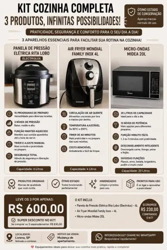 Kit Cozinha Completa - Panela Elétrica Electrolux + Air Fryer Mondial + Micro-ondas Midea