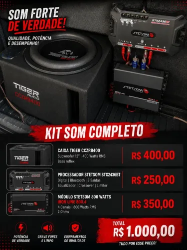 Kit Som Automotivo Completo Stetsom + Subwoofer 12? Tiger Audio - Grave Forte