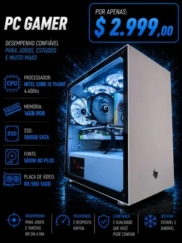 PC Gamer Core i5 11400F 4.4Ghz / Mem 16Gb / SSD 500Gb / RX 580 16Gb (aceito cartão)