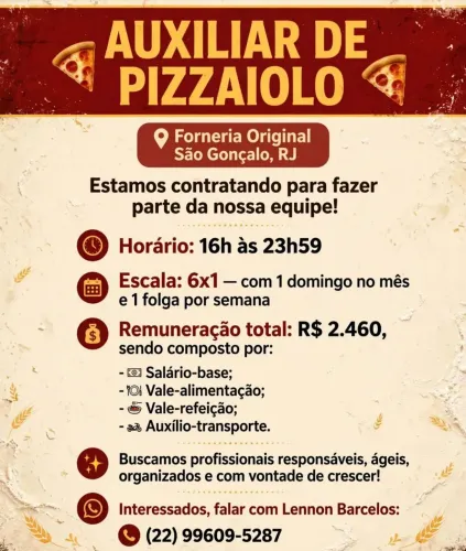 VAGA - AUXILIAR DE PIZZAIOLO