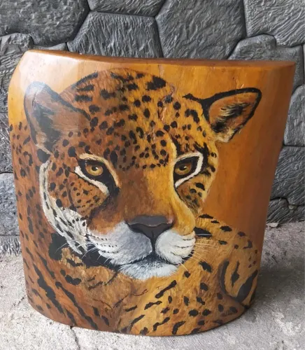 Quadro / Escultura em madeira maciça - Onça pintada - Arte rústica assinada
