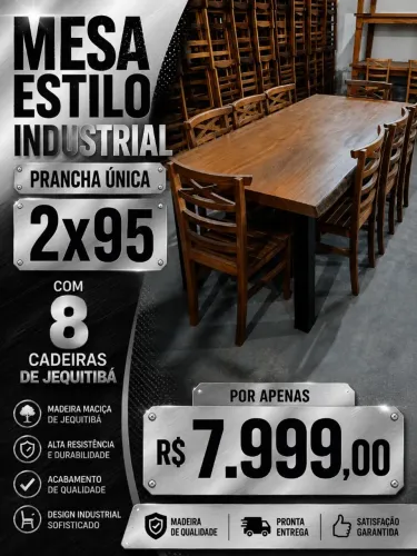 Mesa prancha única estilo industrial com 8 cadeiras de Jequitibá 2x95 $ 7.999,00