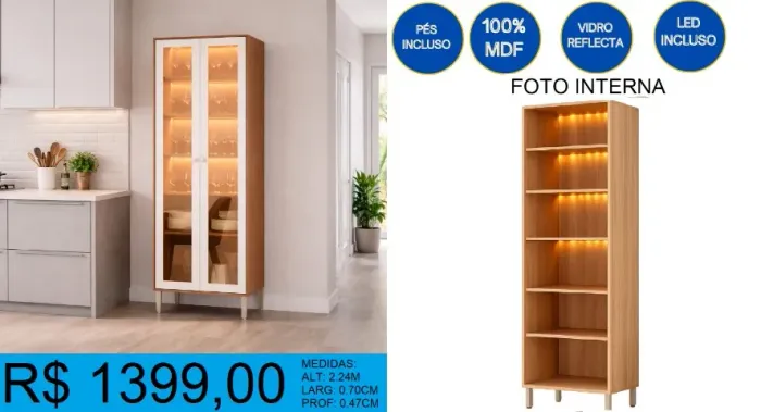 Multiuso/cristaleira 100% mdf c/ vidro - entrega gratuita!