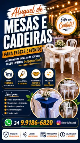 Aluguel de Mesas e Cadeiras de Plástico (branco) - *Temos Forros para Mesas* 
