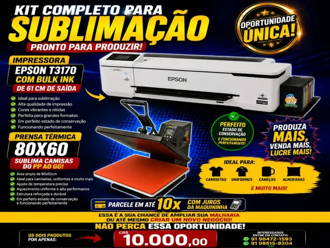 Kit completo para sublimação: Epson t3170 com Bulk ink + prensa térmica de 80x60 cm