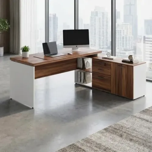 Mesa Diretor c/ Aparador 1,90x1,50 Pé Madeira Nogal Sevilha/Branco Design Elegante 34426