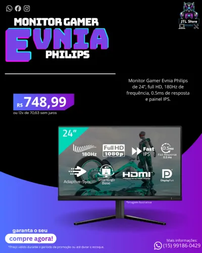 Monitor Gamer Evnia Philips de 24" Full HD 180Hz IPS (NOVO)