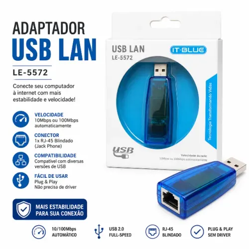 Adaptador de Rede USB 2.0 Para RJ45 compatível Windows XP / Vista / 7 / 8 / 10