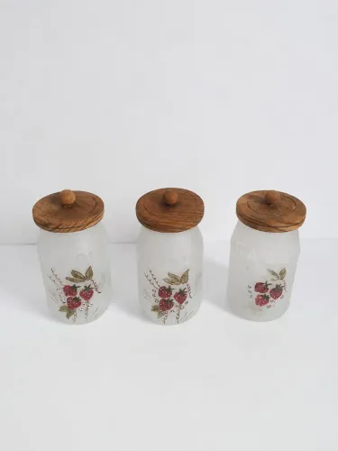 Jogo com 3 Potes de Vidro Vintage com Tampas de Madeira