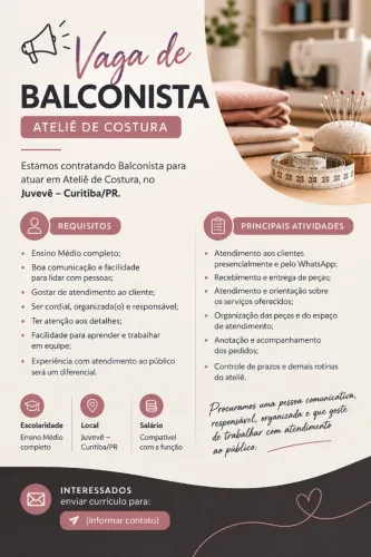Vaga Balconista para ateliê de costura.
