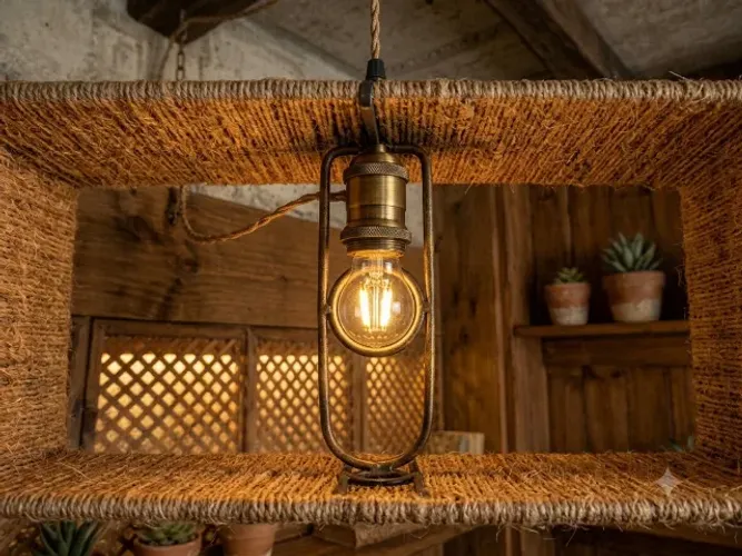 Luminária Pendente Rústica em Ferro e Fibra Natural 50x25 cm | Estrutura Artesanal para De