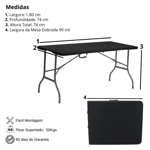 Mesa dobravel maleta 180cm PRETA ( novas)