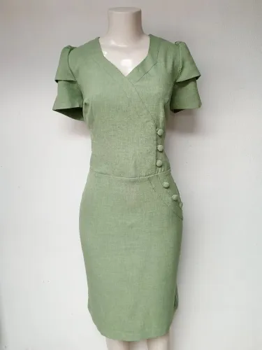 Vestido Midi Elegante Verde Sálvia Botões Forrados Transpasse Manga Babado G